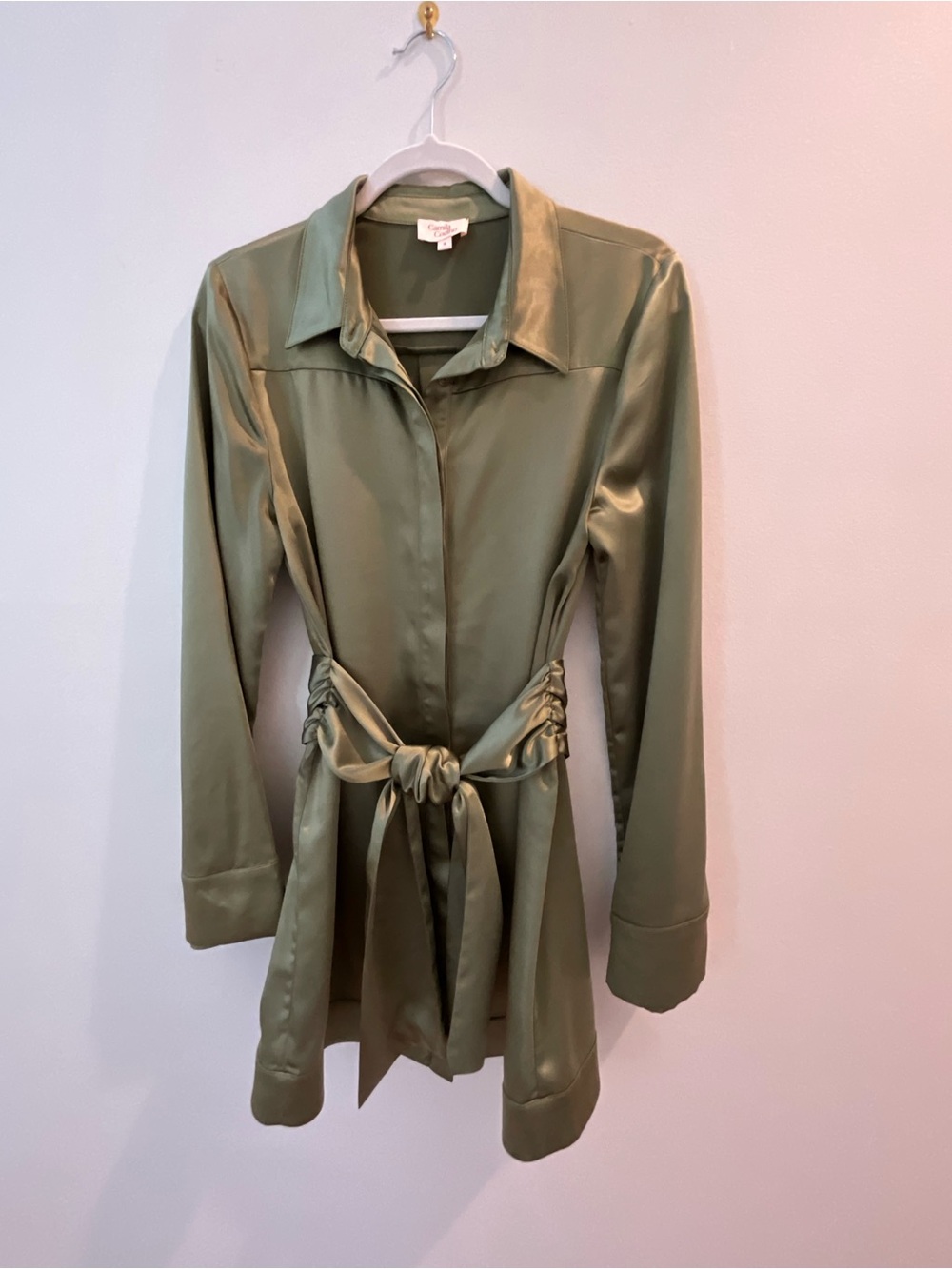 Moss green heavy satin dress with tie
